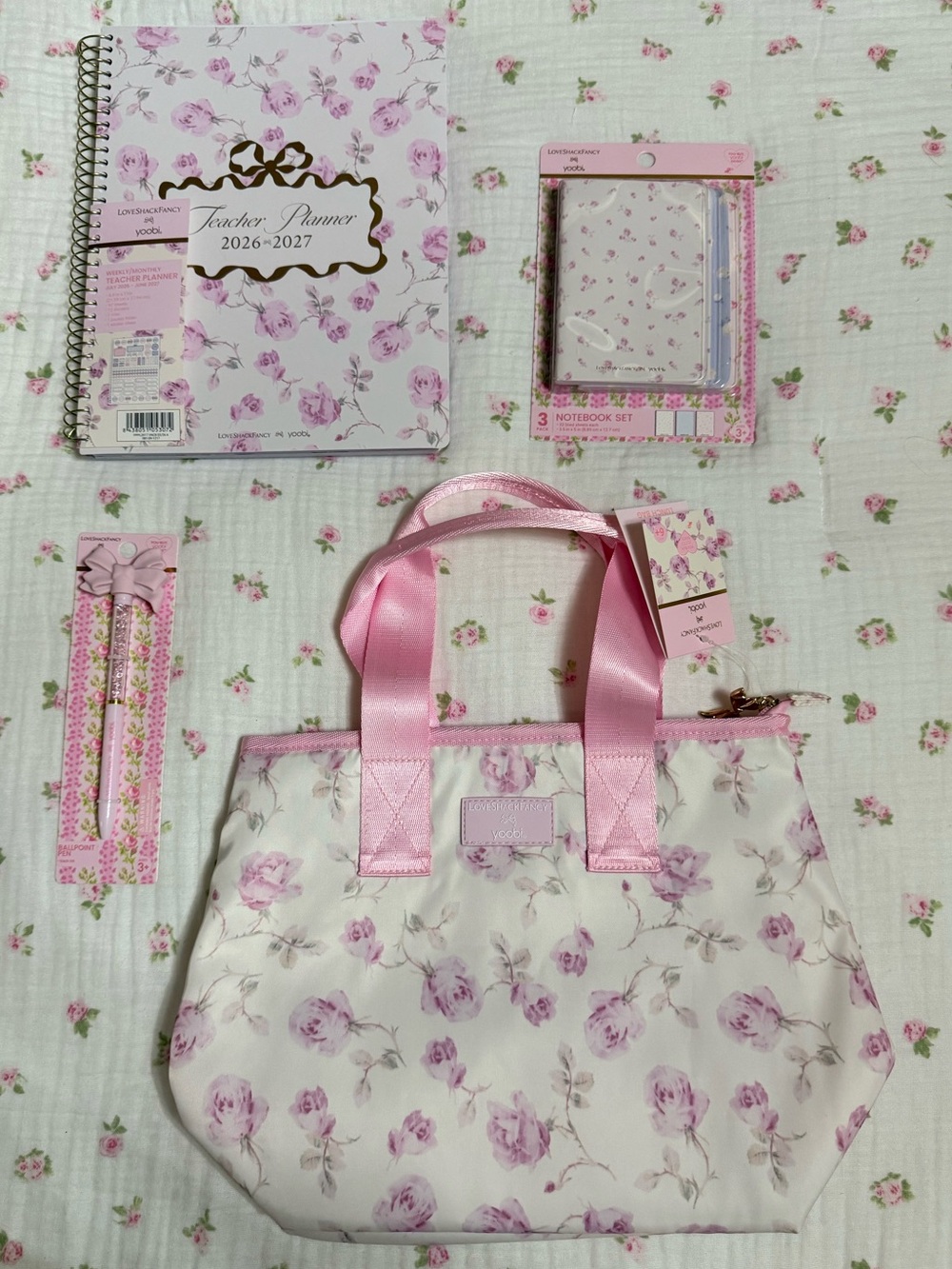 NWT Loveshackfancy x Target matching Teacher Planner, Lunch Tote, notebooks, pen